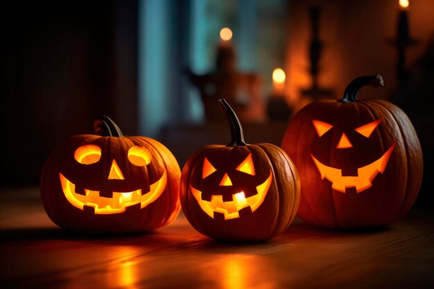 Halloween-Kürbisse, lächelnde Jack-Laterne und Kerzen in der Nacht, Inneneinrichtung, Heiligabend-Dekoration, lustige leuchtende Kürbisse im Haus, erzeugt durch KI