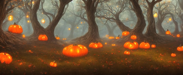 Halloween-Kürbisse liegen im Wald unter den Bäumen Panorama eines fabelhaften Waldes am Vorabend von Halloween 3D-Darstellung