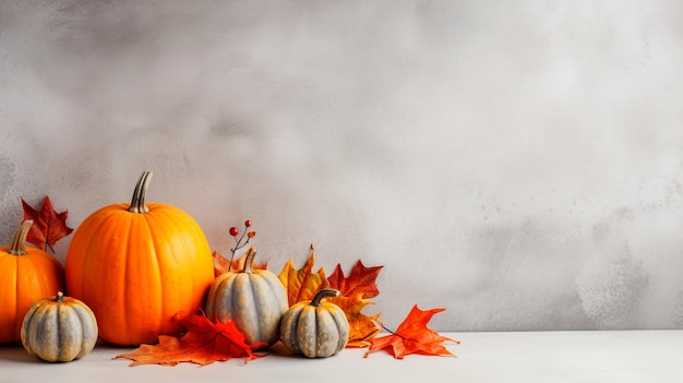 Halloween-Kürbisse mit Blättern und Herbstblättern auf einem Holztisch-Kopierraum