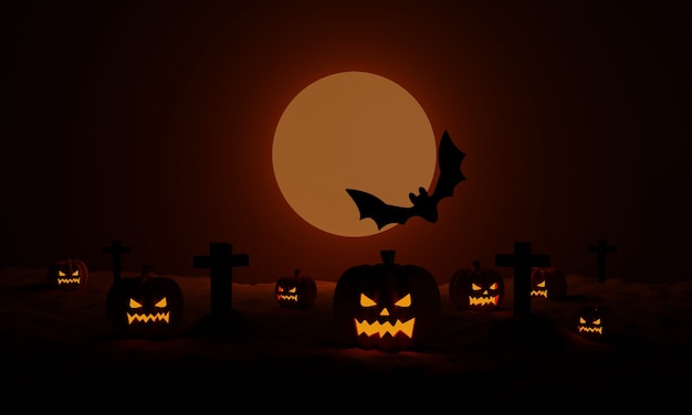 Halloween-Kürbisse mit einem Friedhof und einer fliegenden Fledermaus in der gespenstischen Nacht des Mondscheins. 3D-Rendering