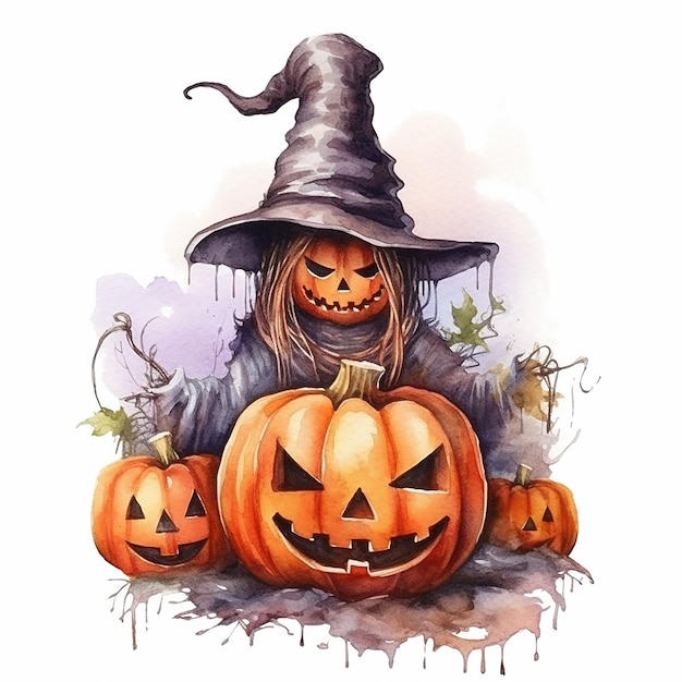 Halloween-Kürbisse mit HexenhutHalloween-Aquarell-Illustrationskürbis in schwarzen Hexenhüten