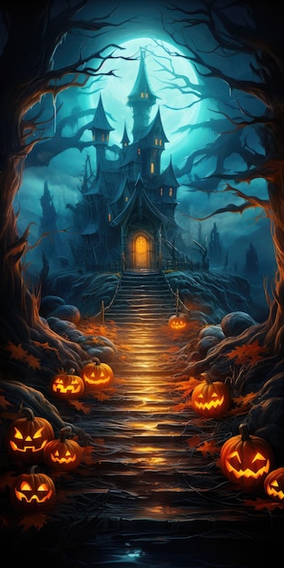 Halloween-Kürbisse und dunkle Burg auf blauem Mond Hintergrund Illustration Generative KI