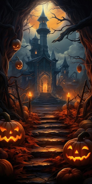 Halloween-Kürbisse und dunkle Burg auf blauem Mond Hintergrund Illustration Generative KI