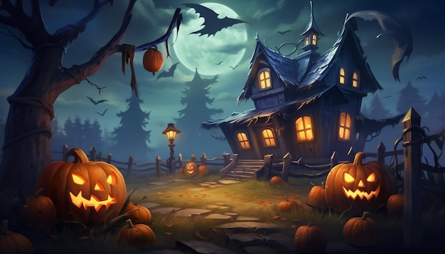 Halloween-Kürbisse und dunkle Burg auf blauem Mond Hintergrundillustration