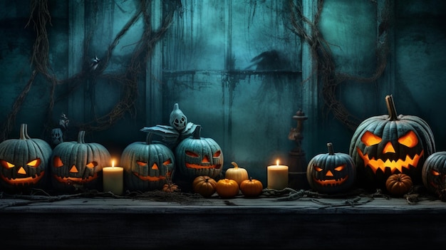 Halloween-Kürbisse und dunkles Schloss auf dem Friedhof auf blauem Mondhintergrund in der gruseligen Nacht-Halloween-Kulisse