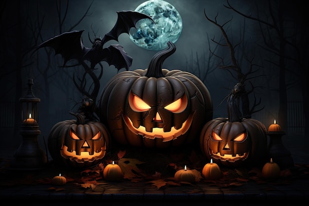 Halloween-Kürbisse und Fledermäuse mit Laternen vor dunklem Hintergrund