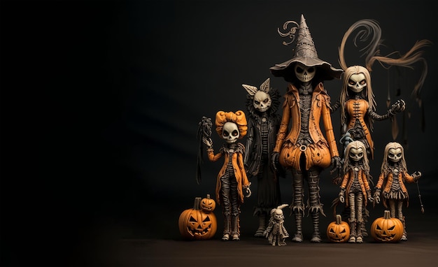 Halloween-Kürbisse und Hexen auf dunklem Hintergrund mit Kopierraum-Katrina-Puppen