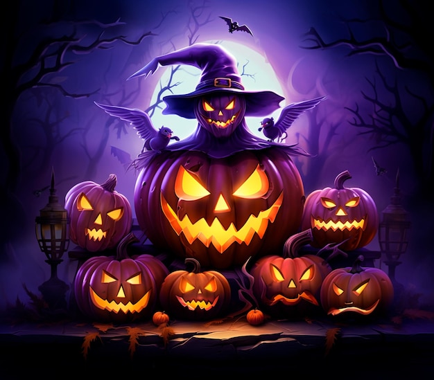 Halloween-Kürbisse und Hexenhut auf einem lila Hintergrund