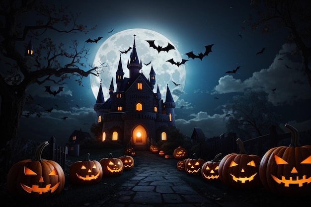 Halloween Kürbisse und Schloss gruselig in der Nacht des Vollmondes und Fledermäuse fliegen