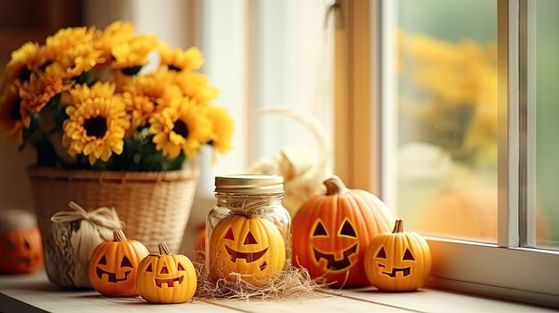 Halloween-Kürbisse und Süßigkeiten auf der weißen Fensterbank zu Hause 1