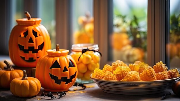 Halloween-Kürbisse und Süßigkeiten auf der weißen Fensterbank zu Hause 1