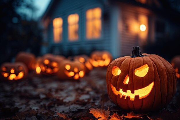 Halloween-Kürbisse vor einem Haus in der Nacht Halloween-Hintergrund