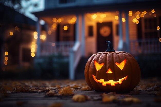 Halloween-Kürbisse vor einem Haus in der Nacht Halloween-Hintergrund