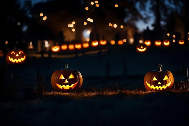 Halloween-Kürbisse werden auf einem Feld mit einer Reihe von Bäumen im Hintergrund ausgestellt.