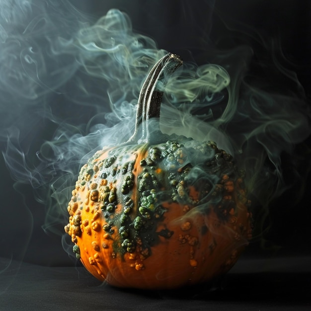 Halloween Kurbis mit grunem Rauch auf schwarzem Detrás de las cosas