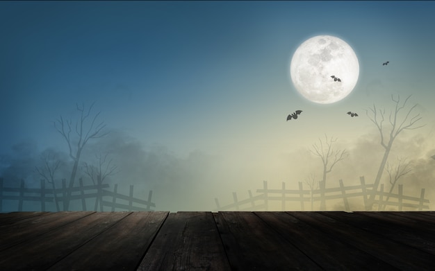 Halloween-Landschaft mit Vollmond und Fledermäusen