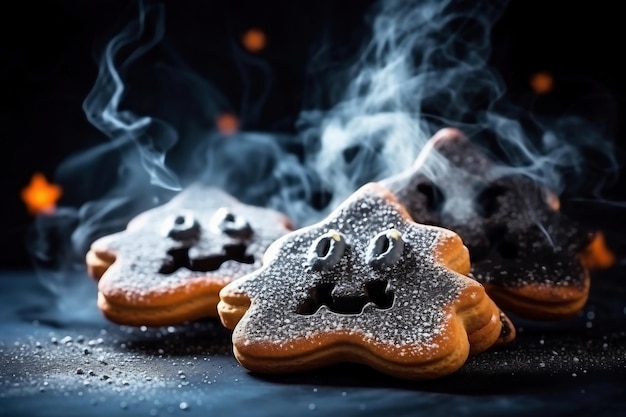 Halloween-Lebkuchenplätzchen in Form eines Jack-Head-Kürbises mit einem Spinnennetz mit Symbolen des Feiertags auf dunklem Hintergrund