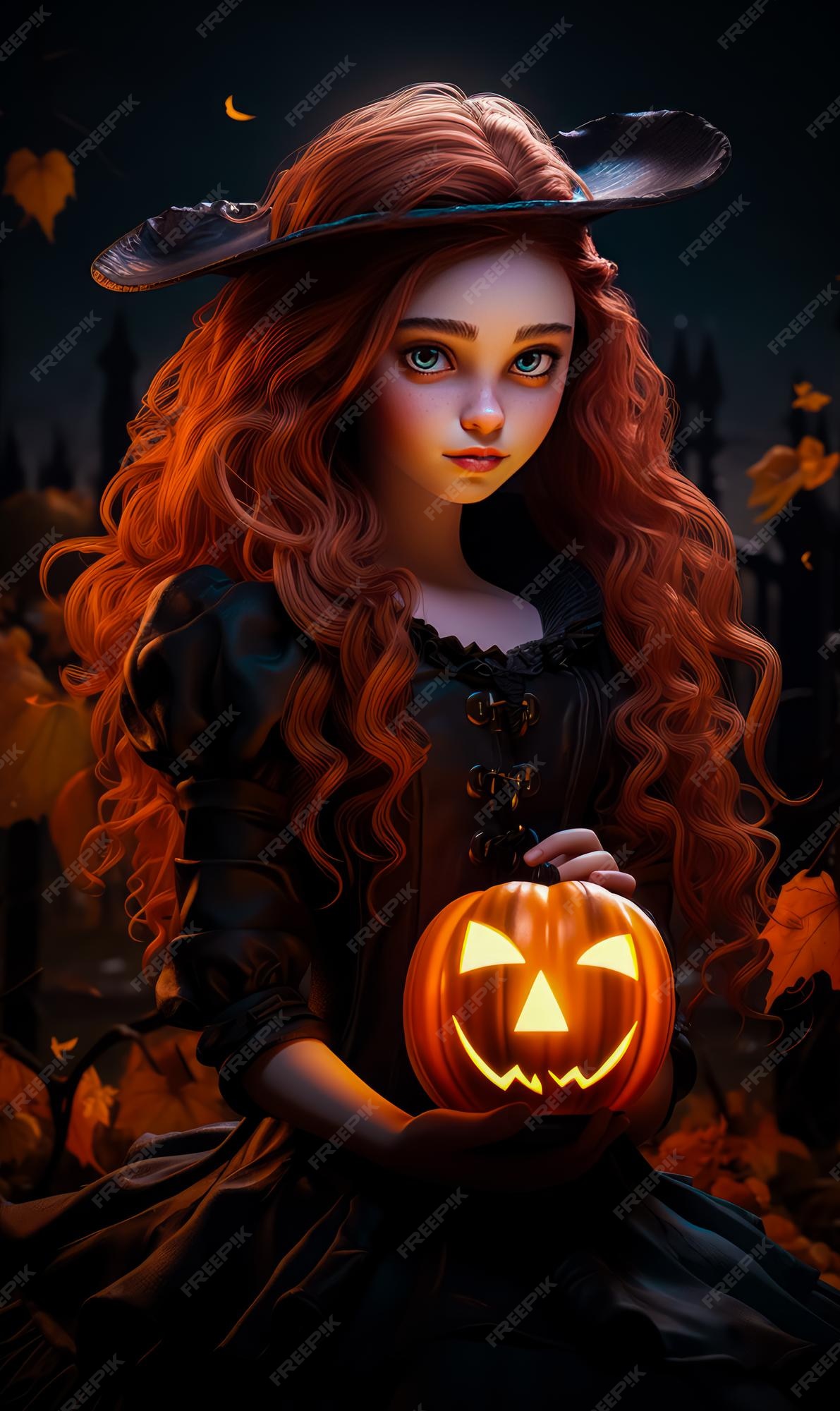 Arte de pôster de Halloween, um lindo retrato animado de bruxa de