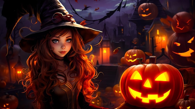 Halloween, linda bruxa gótica, personagem 3d, desenho de abóbora, paisagem, banner, fundo de papel de parede