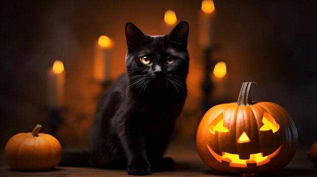 Halloween lindo gato negro y linternas de calabaza imagen generada por IA