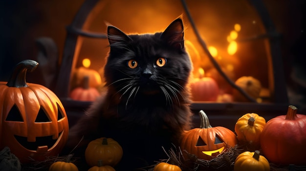 Halloween lindo gato negro y linternas de calabaza imagen generada por IA