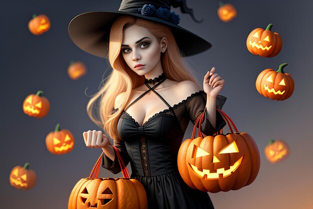 Foto halloween-mädchen, das halloween-geschenk-ereignis-promo-tapeten-hintergrundillustration gibt