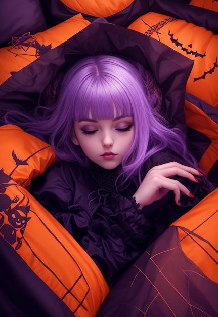 Halloween-Mädchen mit geschlossenen Augen in einem gruseligen Raum 04