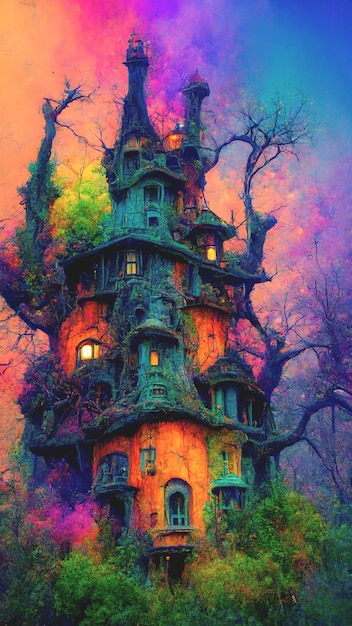 Halloween magisches märchenhaftes Spuk-Baumhausschloss mit buntem Hintergrund