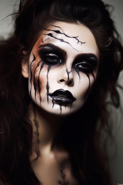 Halloween-Make-up für eine Frau mit einem wie ein Zombie bemalten Gesicht