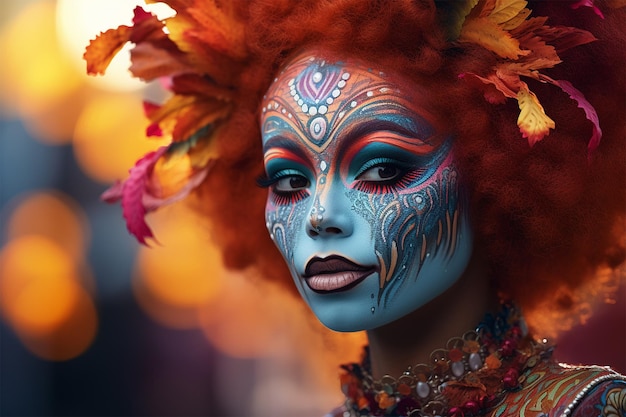 Halloween-Make-up und Kostümfrau mit roten Haaren und farbigem Gesicht aus nächster Nähe
