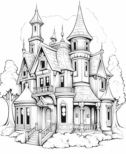 Halloween-Malbuchseiten für Kinder Creepy Mansion in the Moonlight