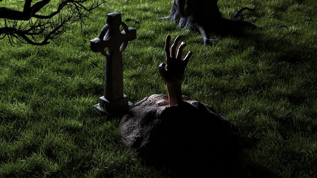 Foto halloween mano de muertos resucitados de la tumba en el cementerio cruza zombies en la noche 3d render