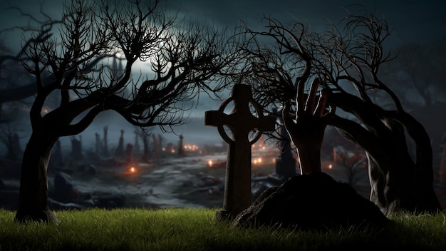 Halloween Mano de muertos resucitados de la tumba en el cementerio cruza zombies en la noche 3d render