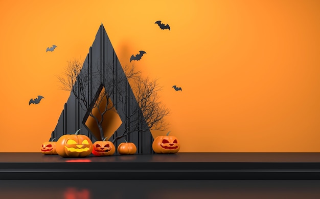 Foto halloween mit kürbis und leerem, minimalem bühnensockel, produktpräsentationshintergrund, 3d-rendering