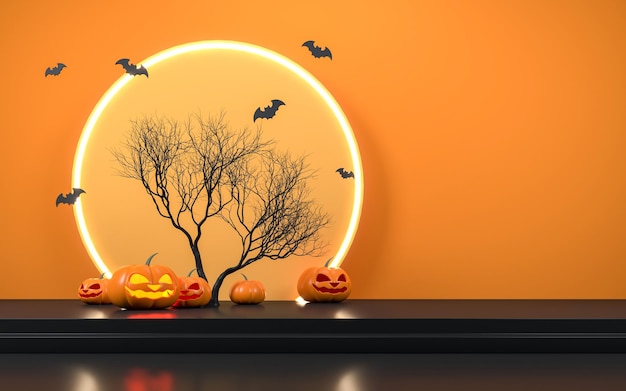 Foto halloween mit kürbis und leerem, minimalem bühnensockel, produktpräsentationshintergrund, 3d-rendering