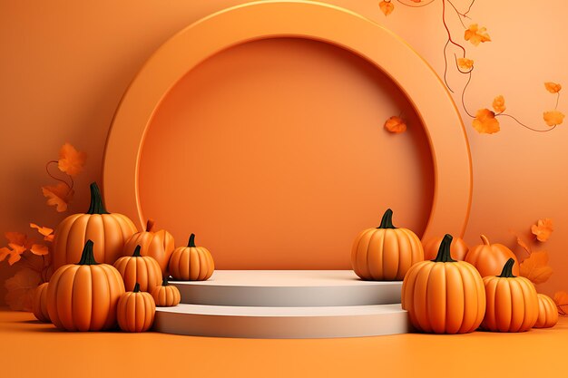 Halloween mit Kürbis und leerer minimaler Podiumspodest Produktanzeige Hintergrund 3D-Illustration