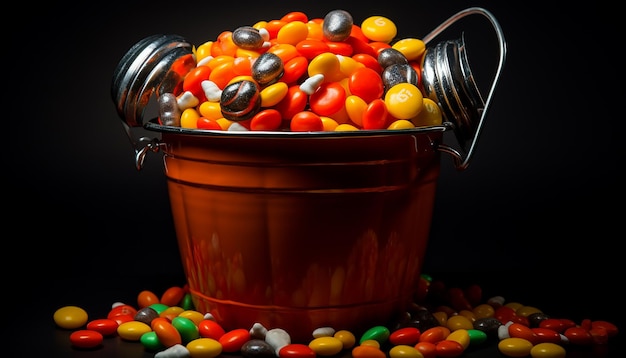 Halloween mit Süßigkeiten im Halloween-Süßigkeiten-Eimer im Stil einer Tischfotografie