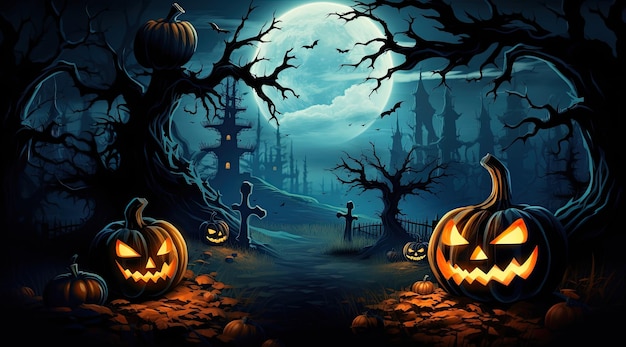 Halloween mit Traditionssymbolen Kürbisse und dunkles Schloss auf blauem Mondhintergrund