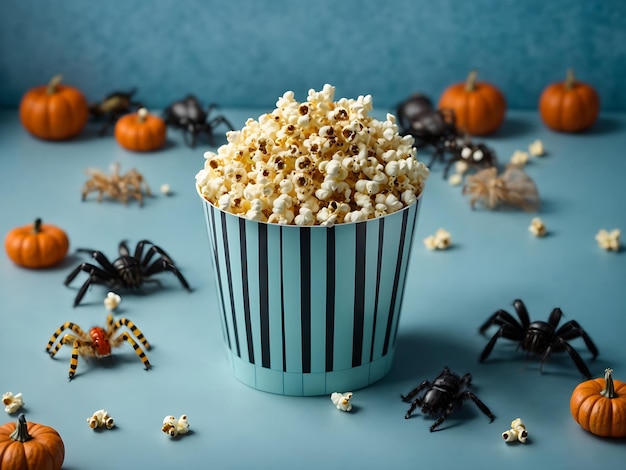 Halloween Movie Magic Vista superior de una caja de palomitas de maíz a rayas con decoración de cine temático espeluznante