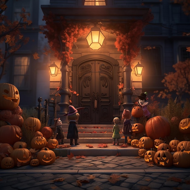 Halloween Muestre a los niños en una puerta decorada lista para pedir dulces