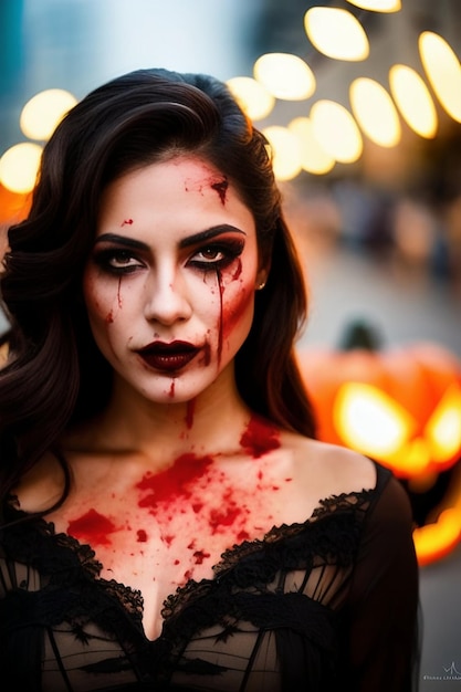 halloween mulher americana assassina em sangue maquiagem horror abóbora vestido preto olhar assustador