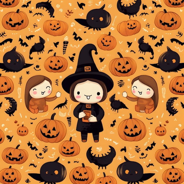 Halloween-Muster-Hintergrund-Kürbis mit einer Katze darauf und einem Kürbis oben drauf