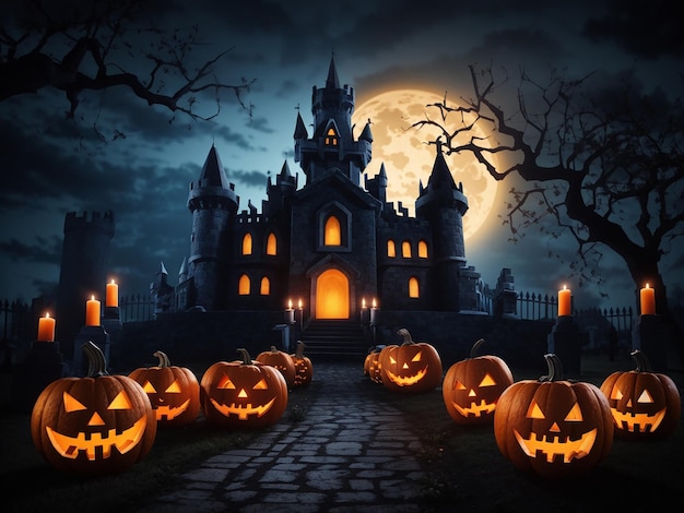 Halloween Nacht gruselige Kürbisse Kerzen und Friedhof Schloss
