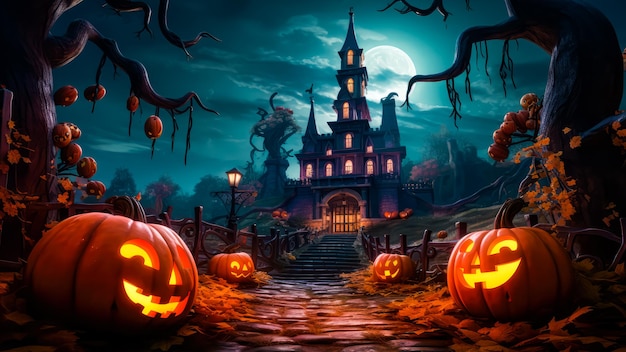 Halloween-Nacht gruseliger Hintergrund im 3D-Cartoon-Stil mit Kürbis und Villa für Landschaftsbanner