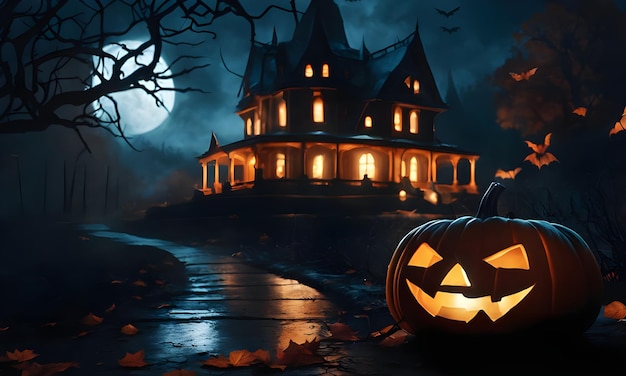 Foto halloween-nacht-hintergrund mit geister-kürbis-horror-haus
