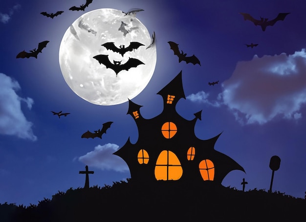 Halloween-Nacht Schrecklicher Mond am bewölkten Himmel mit Fledermäusen