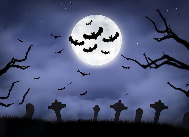 Foto halloween-nacht schrecklicher mond am bewölkten himmel mit fledermäusen