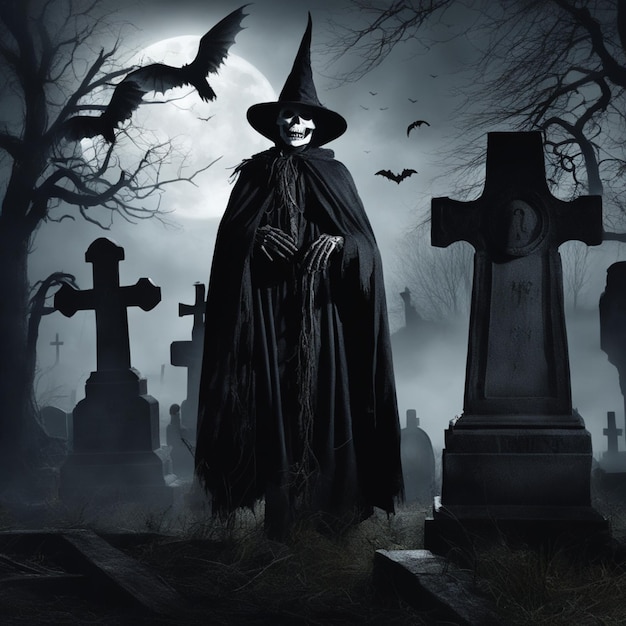 Halloween-Nacht zwischen den Grabsteinen. Unheimliche Atmosphäre auf dem Friedhof