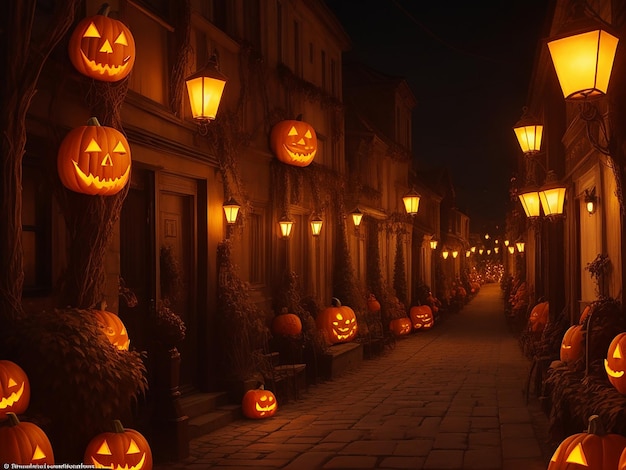 Halloween-Nachthintergrund mit von KI generierten Kürbissen