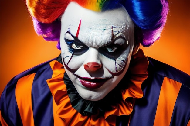 Halloween-Nahaufnahmeporträt eines bösen Clowns in Make-up mit einem bedrohlichen Lächeln